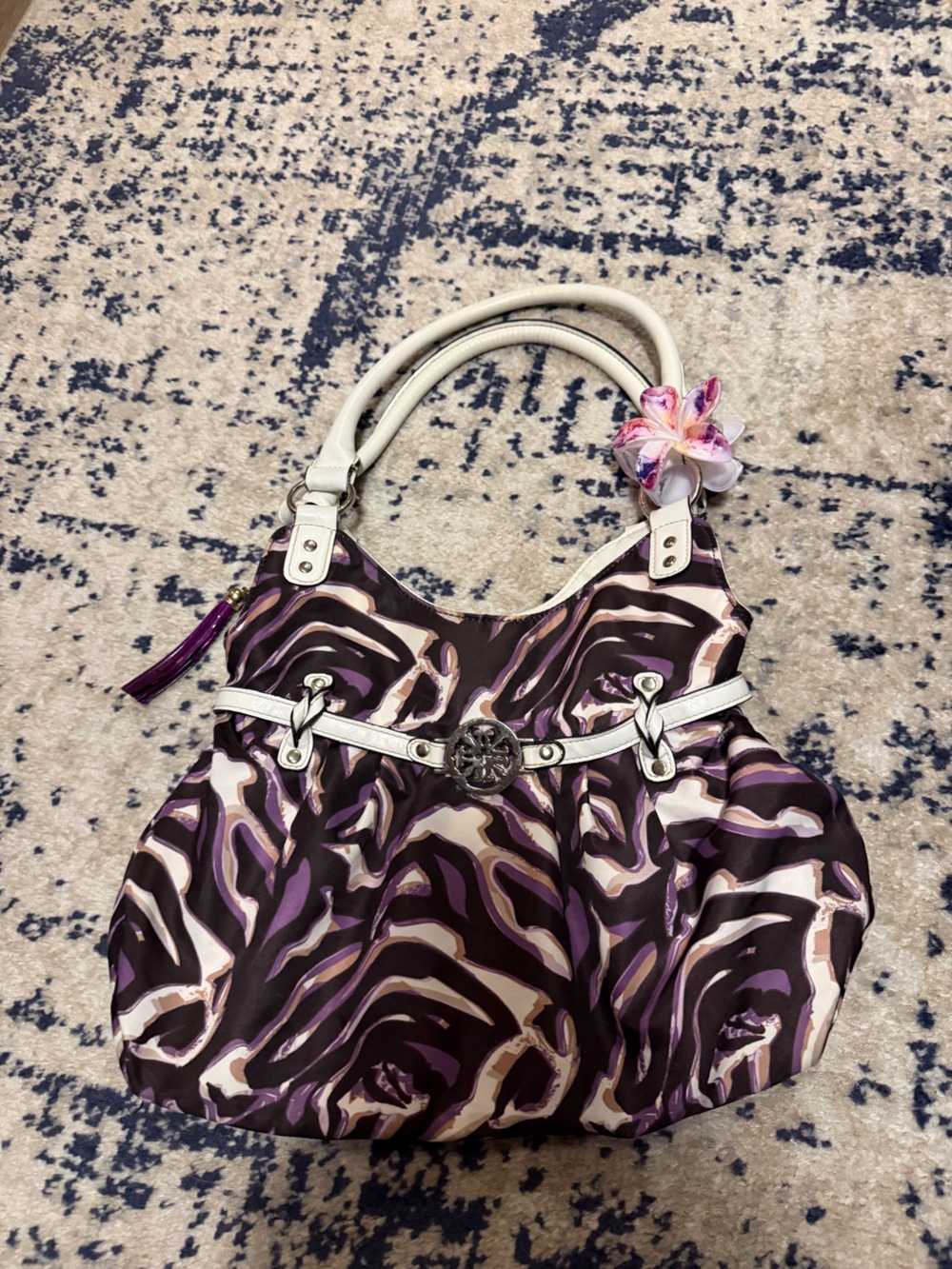 Purple Patterned Shoulder Bag with White Trim